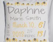 Welcome Baby Girl Birth Announcement Pillow - Yellow and Grey- 10" x 10" - Birth Stat, Baby Shower Gift, Photo Prop