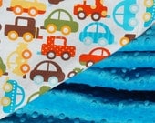 Minky Baby Blanket for your Baby Boy -Ready Set Go Cars in Bermuda with Topaz Blue Minky - Ready to Ship