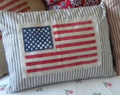 Blue and Cream Ticking Pillow Cover with Flag