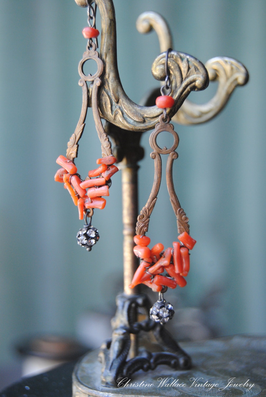SEA JEWELS--Vintage Assembled Rhinestone Art Deco Coral Brass EARRINGS