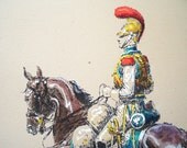 French Painting Signed Eugene Pechaubes,  Military Equestrian Lithograph Watercolor