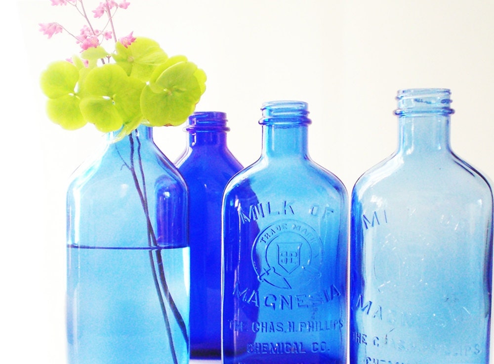Old Glass Bottles, Blue Bottle Collection, Cobalt Blue Glass Jars, Milk of Magnesia,  Repurposed Vases