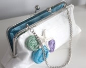 Antique Blue, Seafoam Mint Green, and Lavender Amethyst Rosettes with Starfish Beach Wedding Clutch- Ready to Ship