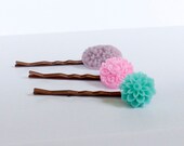 Bobby Pins - Seafoam Green, Pink, and Lavender Flowers