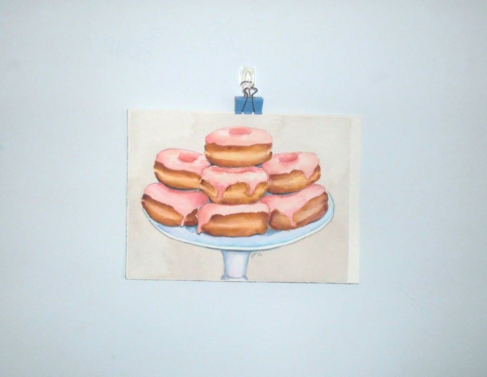 Watercolor Painting Pink Donuts On A Stand Original