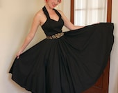 PERFECTION 1950's Style New Look Inky Black Polished Cotton Halter Sun Dress or Party Dress - Sweetheart Bust - VLV - Crinoline - Size M
