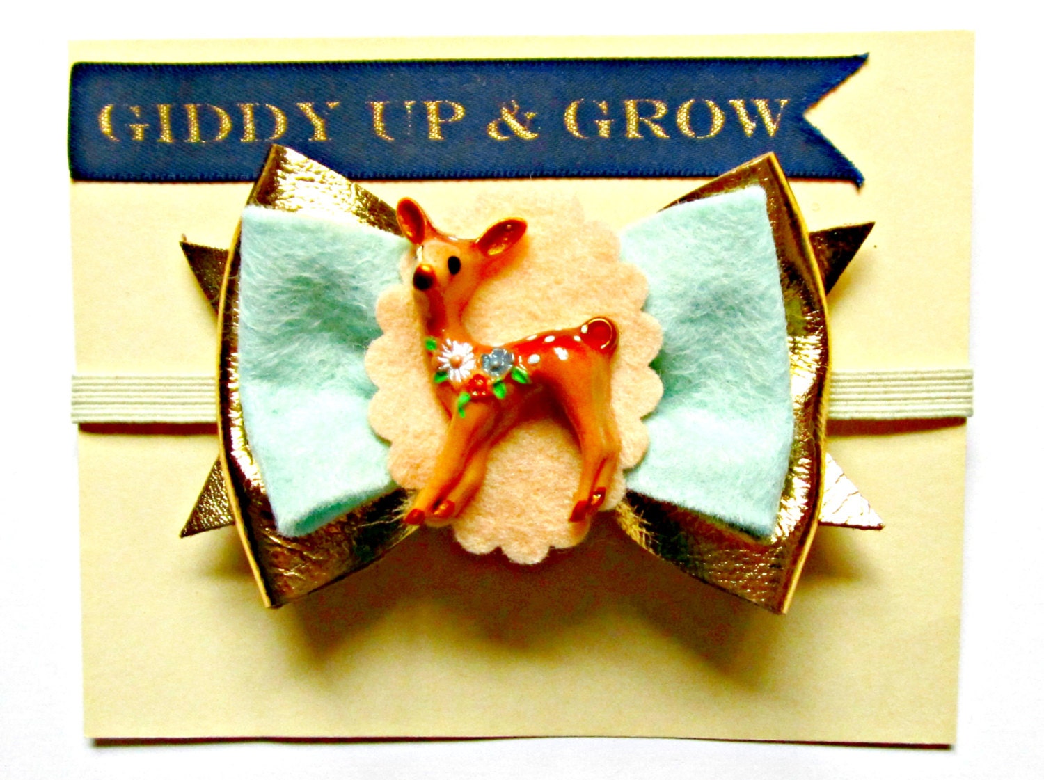 Baby Bow Headband - Gold Leather Bow with vintage Fawn center, Giddyupandgrow