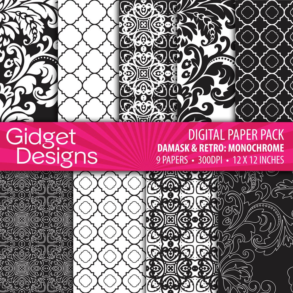INSTANT DOWNLOAD Digital Paper Pack: Damasks & Retro - Black and White