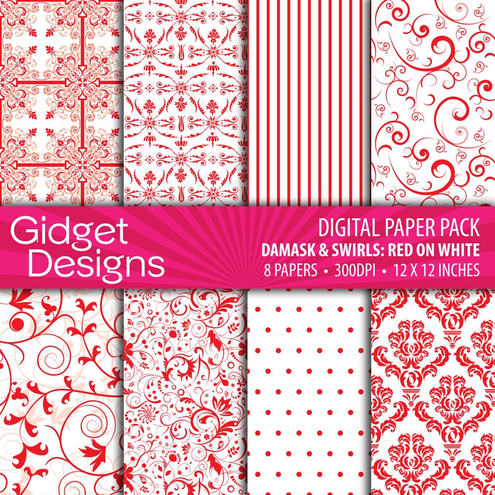 INSTANT DOWNLOAD Digital Paper Pack: Damasks & Swirls - Red on White