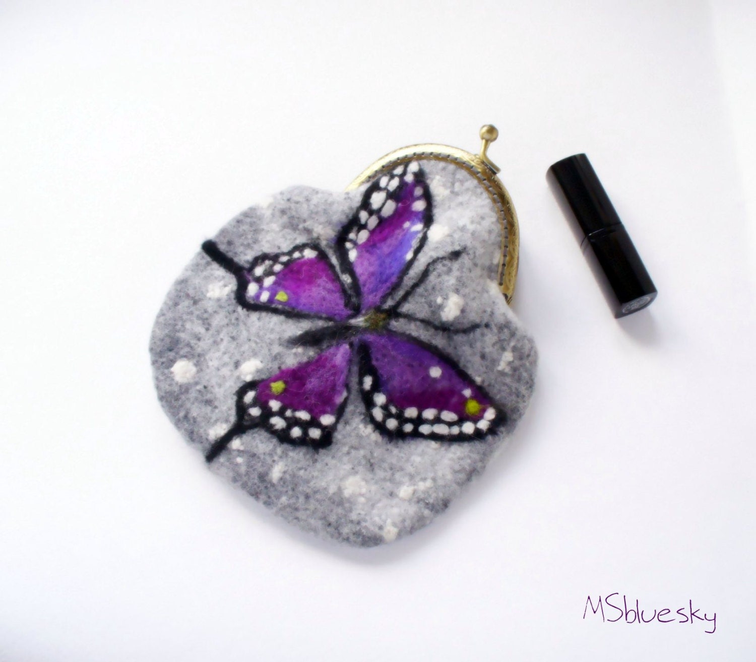 Wet Felted violet Butterfly coin purse Ready to Ship with bag frame metal closure Handmade gift for her