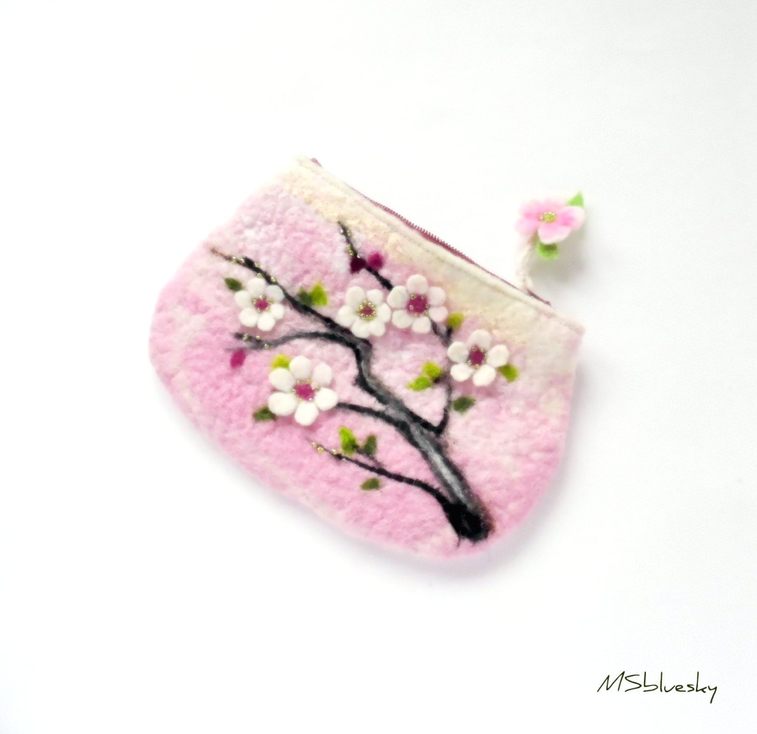 FLOWER Sakura Pastel colors Felted Coin Purse, Pouch, Clutch, Makeup Bag, zipper, handmade, OOAK, Wet Felted   Ready to Ship