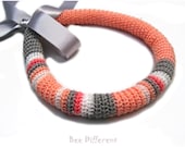 Spring Crochet Tube Necklace Satin Ribbon peach and grey