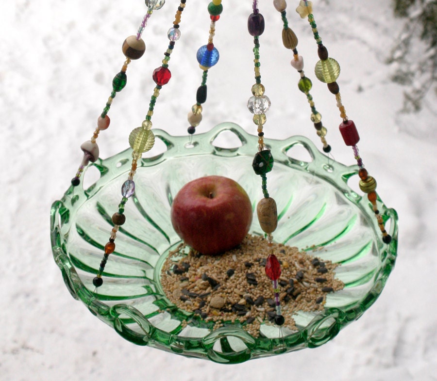Large Beaded Green Bowl Candle Holder Bird Feeder