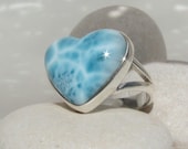 Larimar heart ring, Fall of Love - marvelous turtleback water blue Larimar gemstone - US 7.75