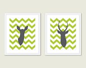 Modern Deer Antlers Digital Print Set  - Fresh Green Pea Tender Shoots - Chevron - Wall Art - Woodland - Home Decor - Master Bedroom Decor