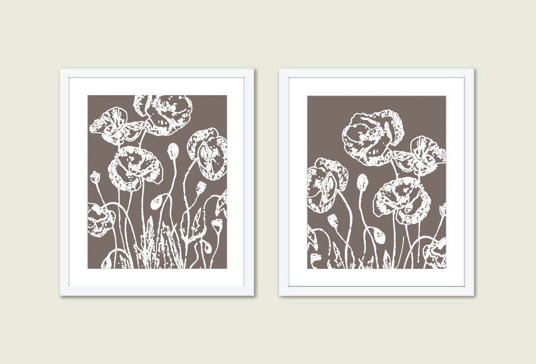 Poppies Flowers Digital Print Modern Wall Art - Brown Taupe Neutral Decor - Spring Summer - Floral
