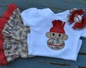 Girlie Sock Monkey Outfit Set - Boutique Custom Toddler baby clothes - Ruffle Pants and Embriodered Shirt 6-12 mo 18 mo 24 mo 2t 3 4 5 6 7 8