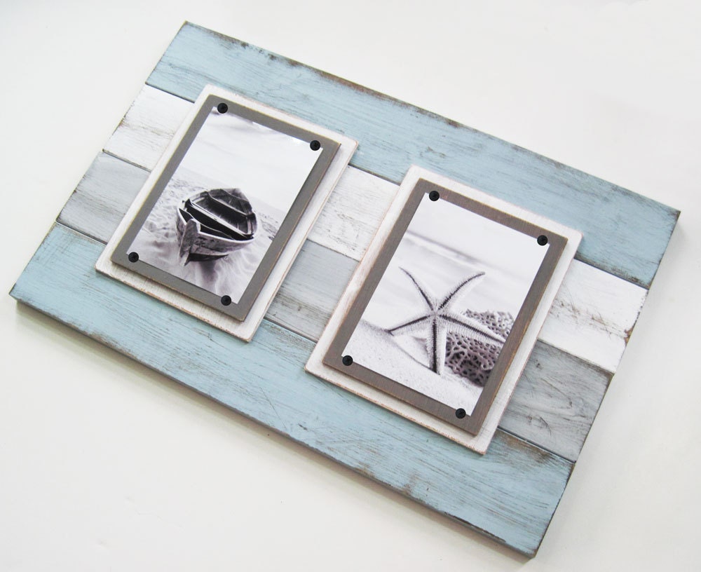 Double BIG 14x22 Distressed Plank Frame for 5x7's with Seafoam, Gray and White