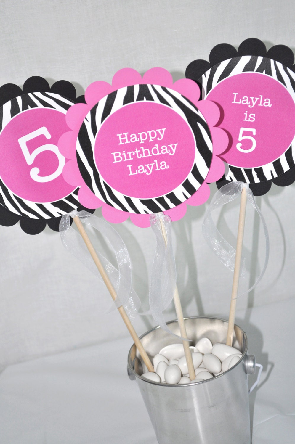 3 Girl's Zebra Stripe Birthday Centerpiece Sticks - 1st Birthday, 2nd Birthday - Pink, Black and White - Party Decorations