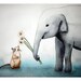 Three Wishes - Signed Art Print- Elephant and Mouse dandelion wishes, elephant nursery art aqua and gray