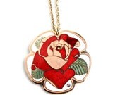 Vintage Enamel Rose Flower Necklace -  Gold Tone Statement Signed Cloisart 1970s Costume Jewelry / Statement Reds