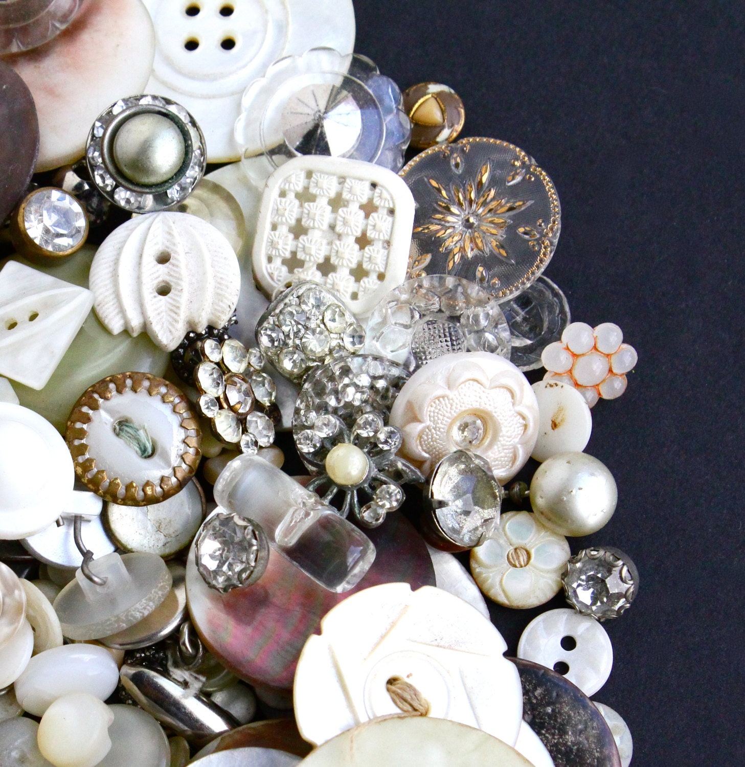 Vintage & Antique White Button Lot - Over 200 Buttons - Mother of Pearl, Shell, Crystal, Glass, Lucite, Rhinestone / Elegant Supply Destash