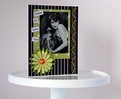 Mixed media Wedding card with vintage image and crystal ball, paper ephemera lemongrass flowers, shabby chic weddings paper goods card