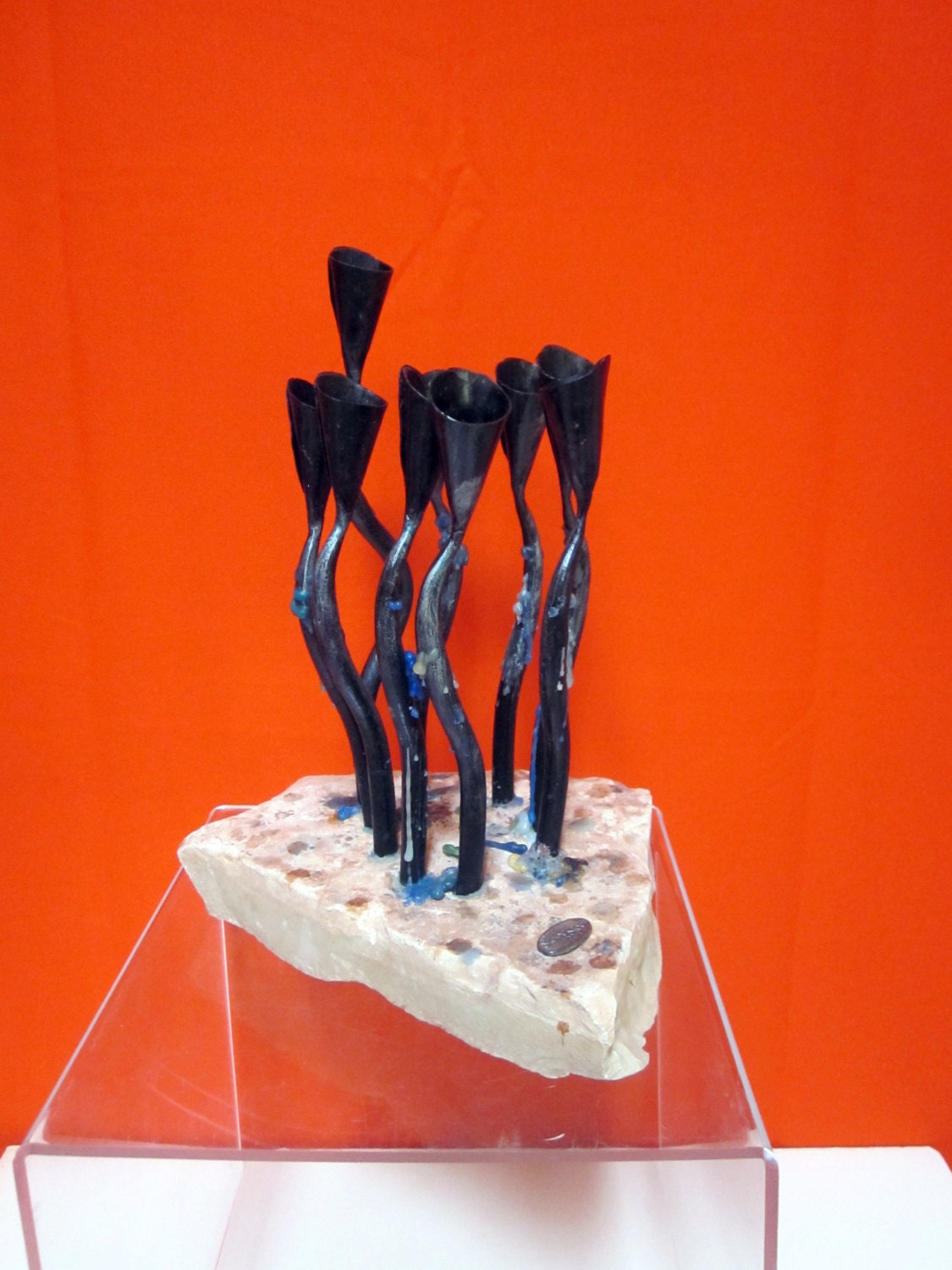 vintage modernist MENORAH   heavy stone and steel black iron SPECTACULAR Israel