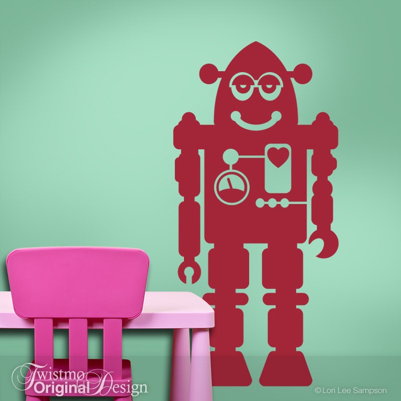 Large Robot Wall Decal - Robot Nursery Art or Party Decoration Wall Stickers for Boys, Girls, Teens, Toddler, Geekery (Cranberry Red)