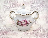 Small White Bone China Sugar Bowl Forget-Me-Nots Gilt Trim