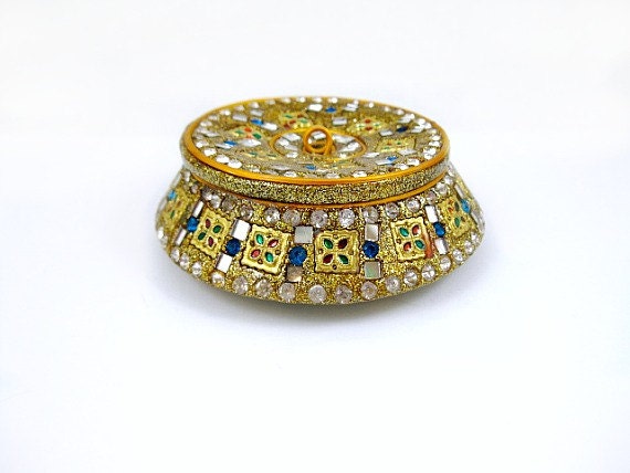 Vintage Jeweled Trinket Box  East Indian Style With Mirrors