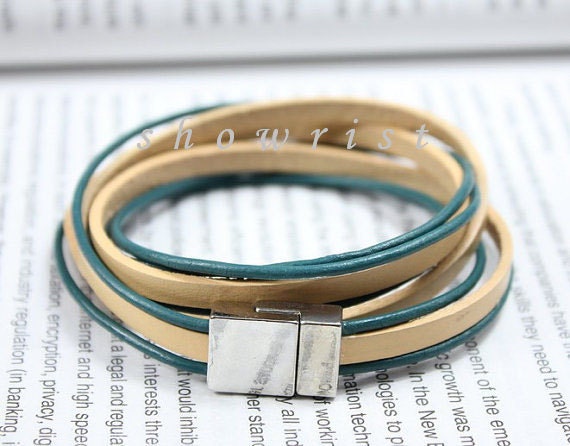 Beige with teal leather wrap bracelet with magnetic cuff TS131