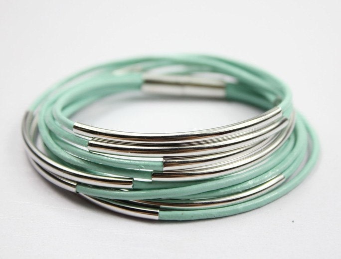 Mint Leather Wrap Bracelet with Silver Plated Tubes z594
