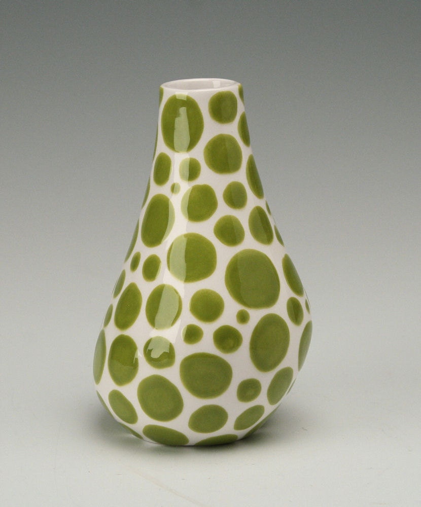 Lime Green Vase Polka Dot Hand Painted Organic Shape