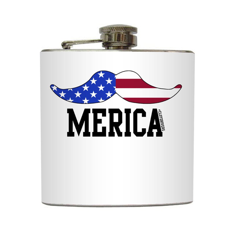 Merica Mustache Cloyd Rivers American Flag Whiskey Flask Patriotic USA Red White Blue Stainless Steel 6 oz Liquor Hip Flask LC-1288