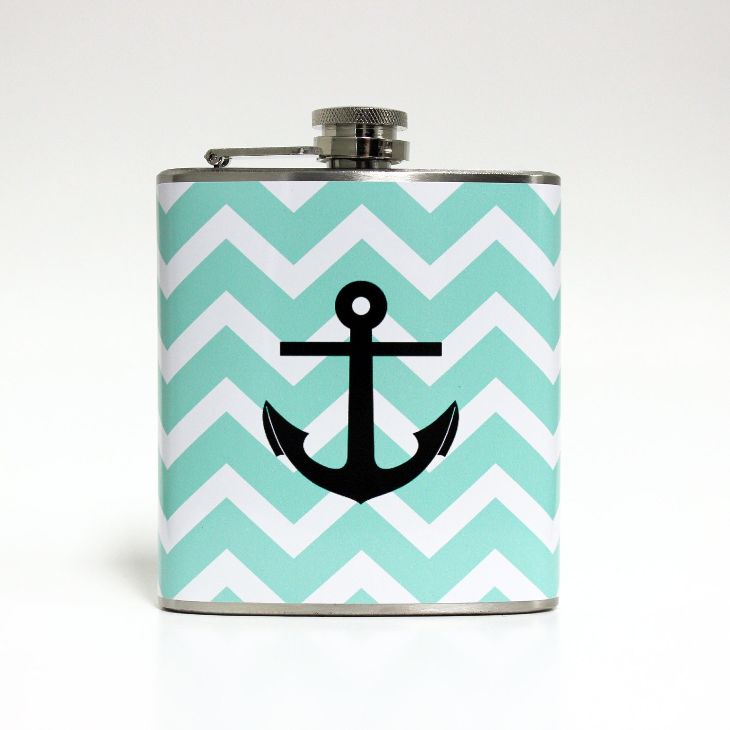 Nautical Anchor on Turquoise Chevron Stripe Zig Zag Flask Beach Destination Wedding Gift - Stainless Steel 6 oz Liquor Hip Flask LC-1248