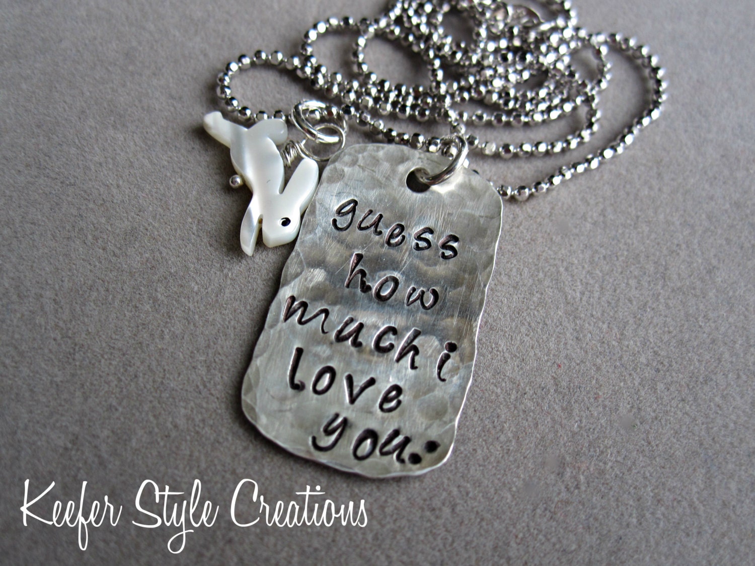 Hand Stamped Guess how much I love you with bunny charm