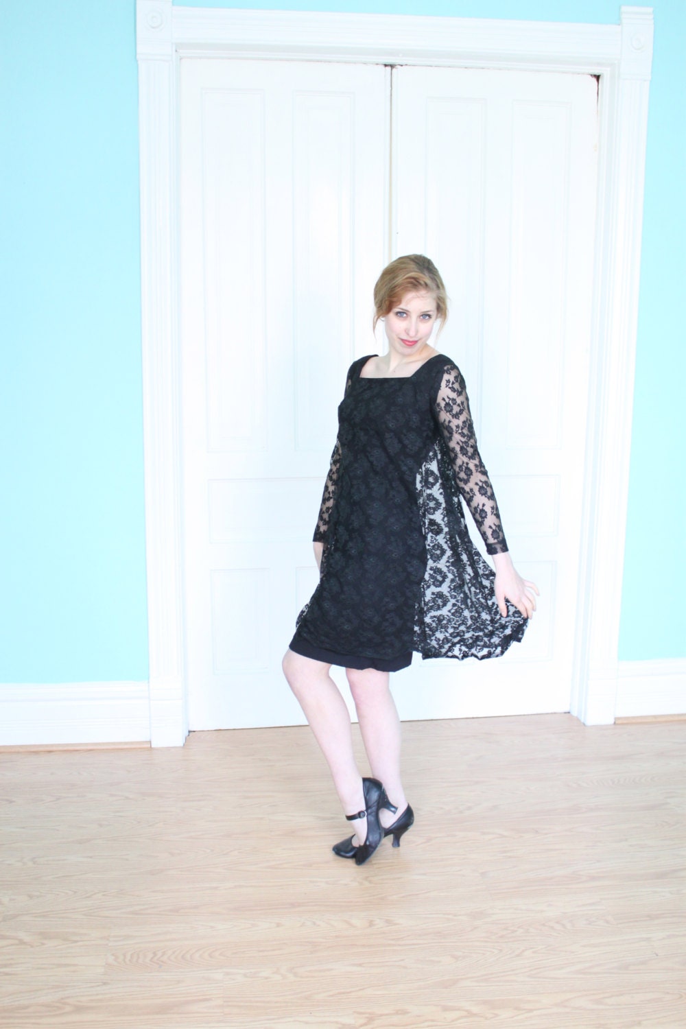 Dress 1960s Vintage 60s  Sheath with TENT overlay Black LBD Sheer Mad Men Dress S Small