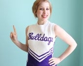 Sweater Cheerleader  1980s Vintage 80s Vest School BULLDOGS Purple  White S Small M Medium