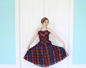 Sale Dress 80s Vintage 1980s does 50s Rockabilly Halter Full  Skirt  Plaid Lace  S M