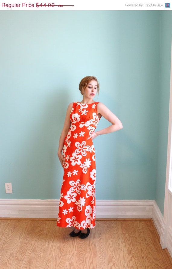 Sale Hawaiian Dress Gown 1970s 70s Orange Maxi M Medium S Small Floral Empire Waist Sleeveless