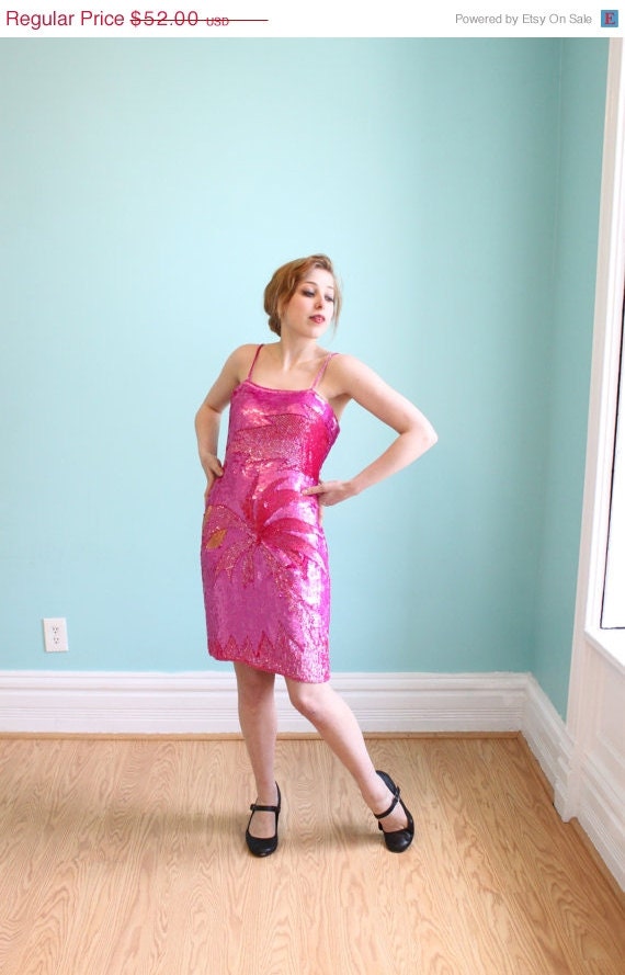 Sale Dress 1980s Vintage 80s HOT PINK Sequined Palm Tree Sun Moon Body Con Mini Dress M Medium