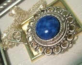 10% Off (cupon code marchmadness1) Pendant Silver Antiqued Steel Button Cover Blue Marble Type Cabachon added Silverplate Chain