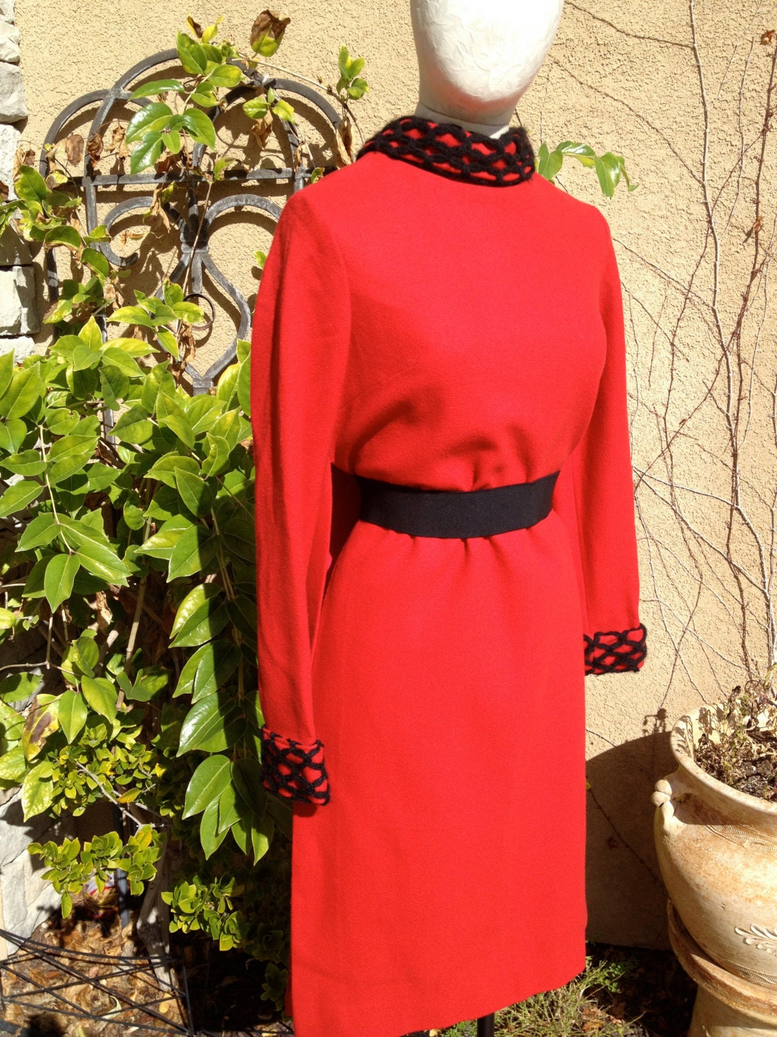 A vintage 1950s 1960s retro designer red wool high collar wiggle dress with matching coat size S M