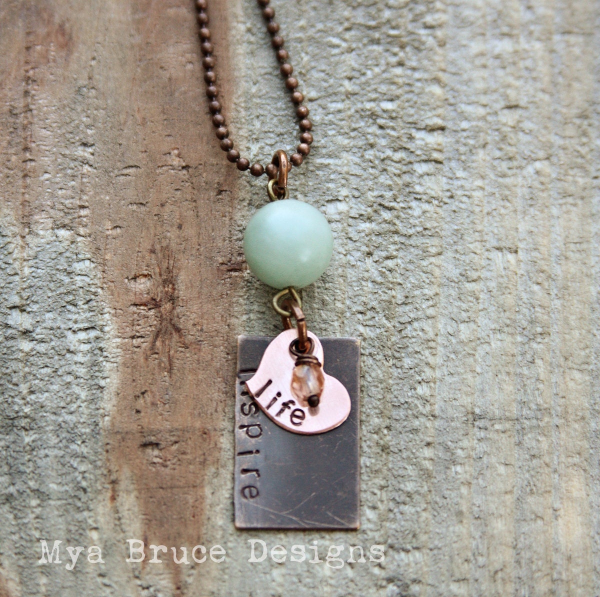 new Teacher necklace or anyone that inspires - mixed metal - inspire life with large amazonite stone, and pale peach crystal