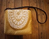 NZFINCH  golden yellow, mustard, boho messenger bag with vintage doily and plaited leather strap