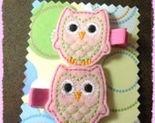 Pink Owl Feltie Embroidered Felt Hair Clips Set of 2