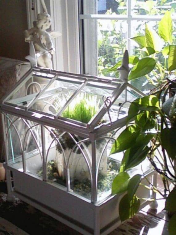 Beautiful White Metal Glass Terrarium Greenhouse by shabbychatue