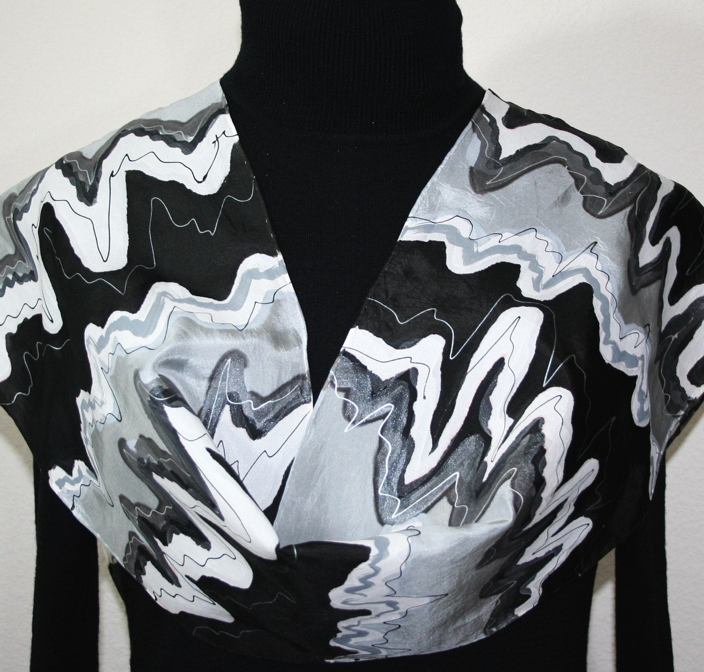 Hand Painted Silk Scarf Midnight Waterfall. Silk Scarf in Black, White, Gray. Size 11x60. Made in Colorado. 100% silk. MADE TO ORDER.