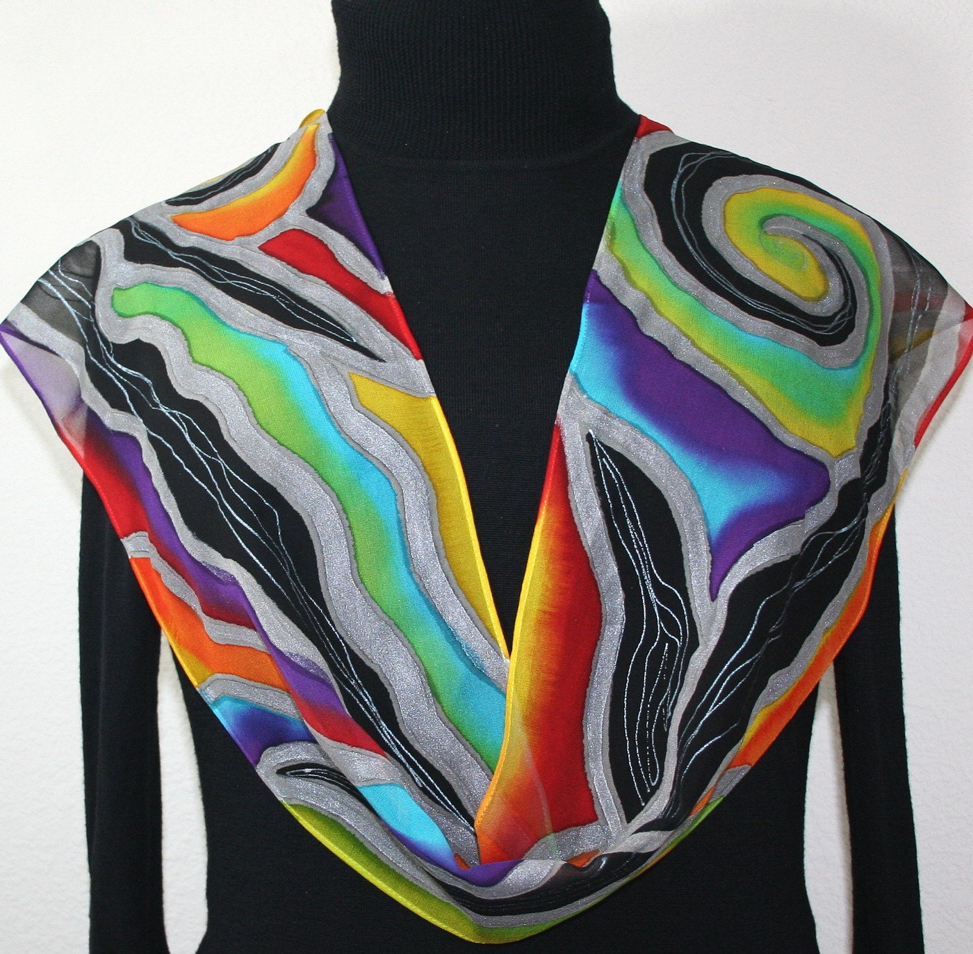 Hand Painted Silk Scarf Dream Riders. Silk Scarf in Green, Red, Black. Size 8x52. Silk Scarves Colorado. 100% silk. MADE TO ORDER